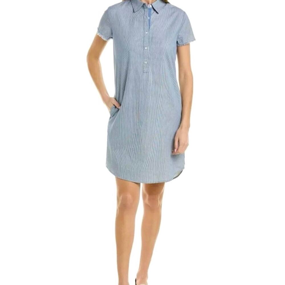 J. MCLAUGHLIN Alissa Blue Striped Frayed Short Sleeve Mini Dress